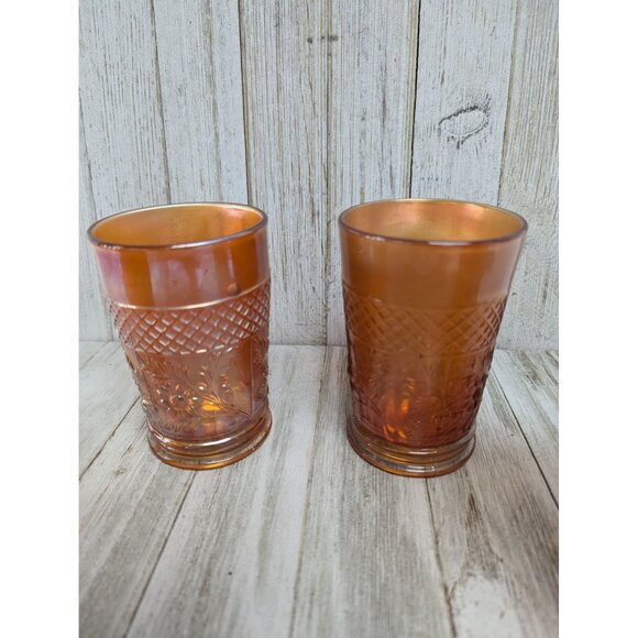 Vintage Dugan Lattice and Daisy Tumbler Marigold Carnival Glasses 4 1/4" Set 4 - Picture 3 of 8